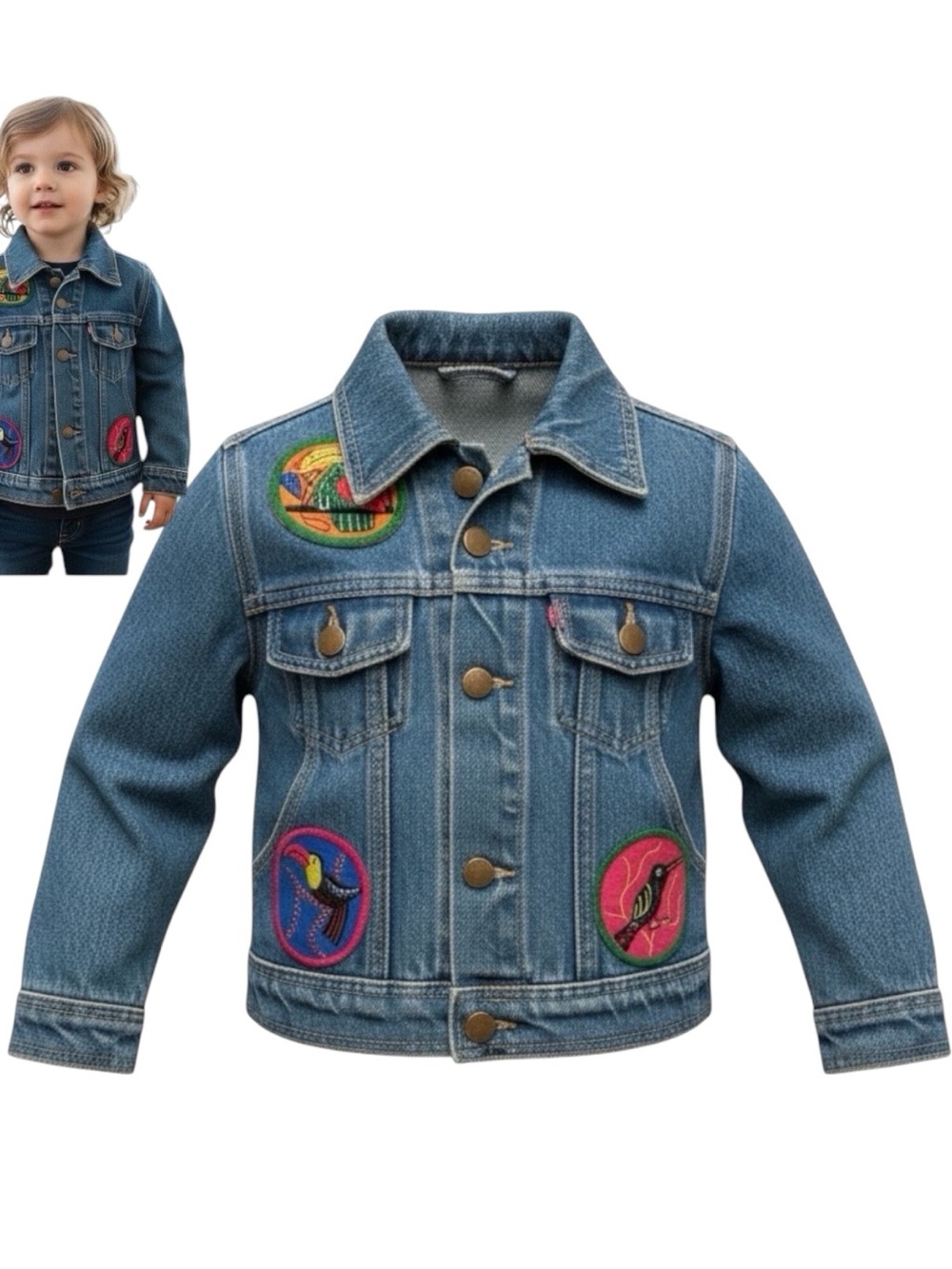 VTG 90s Kids Hand Crafted Kuna Mola Patch Denim Jacket Panama Art Size 6 Small